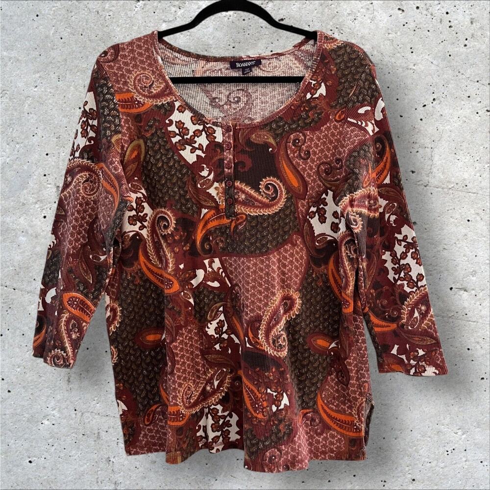 Roaman's Women's Top 22/24 Thermal Henley Tunic Long Sleeve Paisley Scoop Neck